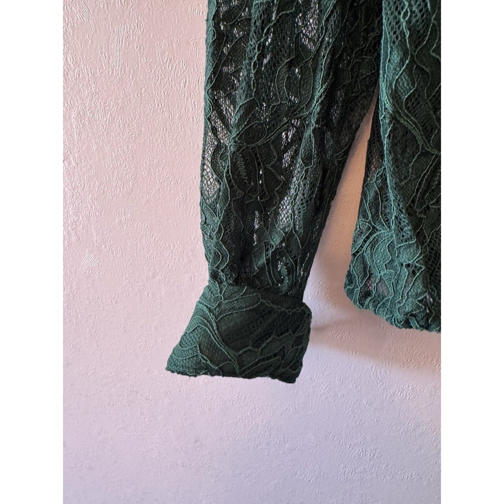 Adriana Papell Lace Forest Green Long Sleeved Tie Front Blouse Size M‎